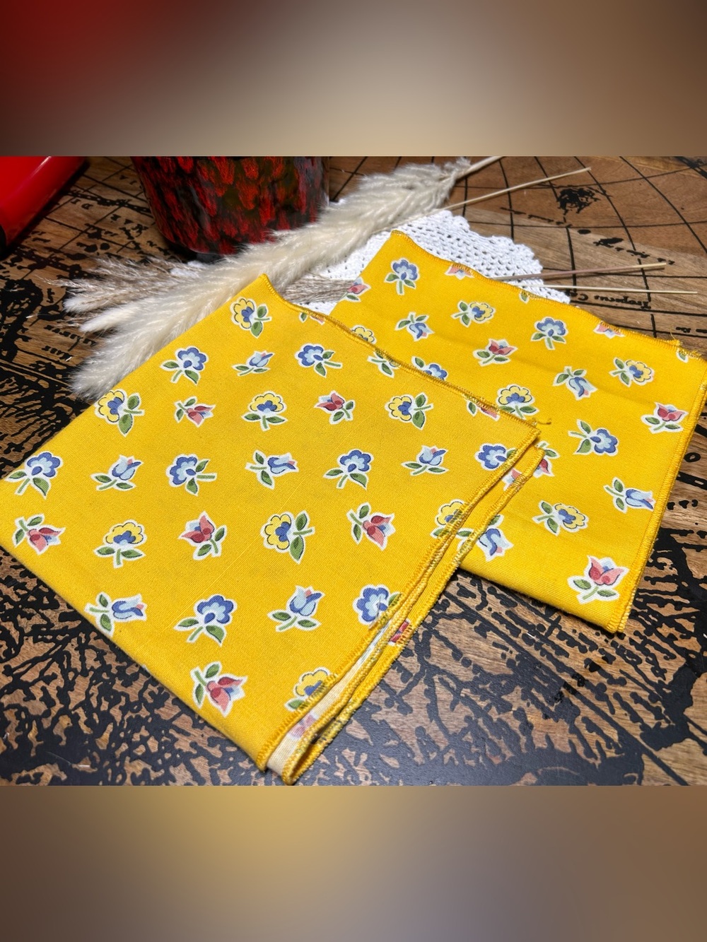 Vintage Yellow Floral Cloth Napkins Set of 2 | Retro Flower Table Linens